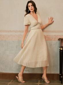 Anewsta 香槟色V领蝴蝶结水晶褶皱长裙泡泡袖连衣裙适合春夏节日毕业典礼 - 香檳色 - 查看 5