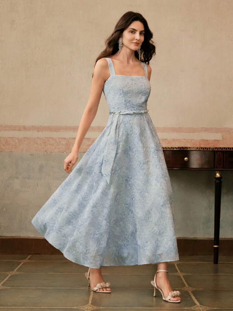 Vestido Elegante de Festa com Padrão Floral 3D, Vestido de Verão Azul de Chiffon com Gola e Manga Bufante, Adequado para Primavera, Verão, Formatura