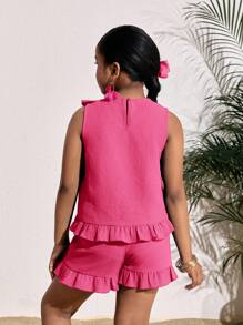 SHEIN Leap Crew 青少年女孩夏季度假圆领荷叶边上衣和荷叶边短裤两件套