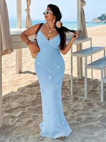 SHEIN VCAY Plus Size Open Back Fitted Dress With 3D Floral Decoration - Baby Blue - View 5