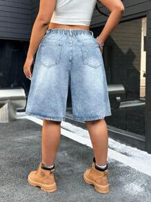 SHEIN ICON Quần short denim ống đứng không co giãn, giản dị, mùa hè dành cho nam/nữ - Rửa nhẹ - Xem 2