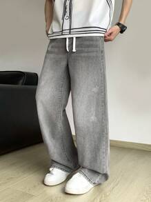 SHEIN Teen Boy Fashion Casual Y2k Basic Simple Grey Elastic Waist Drawstring Loose Jeans For Teen Boy Clothes Boys Soft Dailywear And Teen Boy Summer And Spring Rave Outfits Festival And Beach Outfits Clothes - Grey - View 5