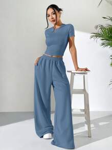 SHEIN EZwear 2件套夏日雾霾蓝紧身短袖T恤和宽松运动裤休闲套装 - 霧霾藍 - 查看 3