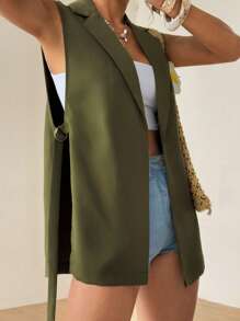 Chiquease 女式纯色翻领无袖休闲西装外套