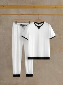 Manfinity VCAY 2 Pcs Set Men Casual Knitted Piecing 2 In 1 Raglan Short Sleeve T-Shirt Set - White - View 6