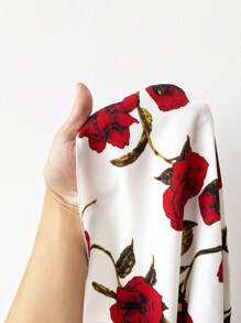 SHEIN Clasi Plus Size Women Elegant Floral Print Asymmetric Hem Slip Dress, Summer - Red and White - View 5