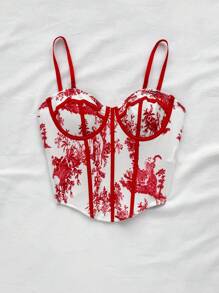 Soleia Blue & White Vintage Floral Contrast Color Women Holiday Camisole, Suitable For Vacation, Date, Afternoon Tea, Music Festival, Boho Style