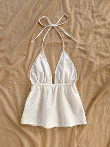 SHEIN PETITE CURVE 加大码纯色系带荷叶边下摆露背乡村音乐会 Y2k 上衣 - 杏色 - 查看 2