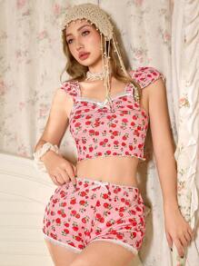 CottageSlumber Women's Romantic Ditsy Floral Lace Trim Ruched Pajama Set With Short Sleeve Top & Shorts - Multicolor - View 3