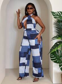 Slaydiva Plus Size Halter Neck Denim Jumpsuit,Navy Blue Summer Western Night Out Club Romper For Women,Cowgirl Vacation Boho One Piece Overalls Clothing - Multicolor - View 5