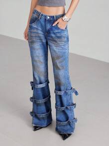 LYSMO Jeans casual a zampa con tasche e design con fibbia regolabile per donna