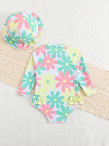 2pcs/Set Newborn Baby Girls' Cute Floral Print Long Sleeve One-Piece Rash Guard Swimsuit With Swimming Cap Girl Infant Girl Clothes Spring Baby Girl Spring Clothes Baby Clothes For Girls Tropical Baby Clothes Tropical Baby Clothes Girl
