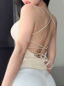 DAZY Simple Neck Spaghetti Strap Crisscross Back Design With Built-In Padded Camisole - White - View 6