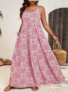 SHEIN VCAY 大码夏季无袖全身印花休闲连衣裙