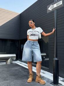 SHEIN ICON Quần short denim ống đứng không co giãn, giản dị, mùa hè dành cho nam/nữ - Rửa nhẹ - Xem 3