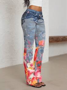 Jeanoix Jeans de moda de pierna de campana con diseño de bolsillos e impresión floral para mujer