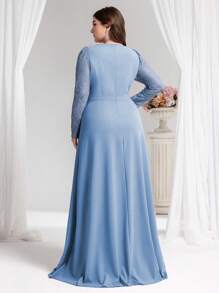 Coutiva Plus Size Elegant Bubble Bead Contrast Lace A-Line Party Dress, Formal, Gown, For Evening, Wedding Guest