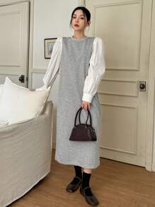 DAZY Women's Patchwork Round Neck Long Sleeve Straight Puff Sleeve Mid-Calf Dress,Fall Clothes - Grey - View 3