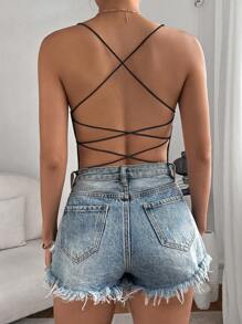 SHEIN PETITE CURVE Plus Size Women Solid Color Open Back Lace Up Camisole Bodysuit For People Of Shorter Stature - Black - View 2