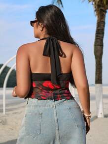 SHEIN EZwear 夏季度假加大码黑色网眼花卉3D装饰吊带背心 - 黑色 - 查看 2