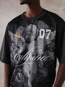 SUMWON Áo bóng rổ lưới thể thao California Urban Streetwear Áo phông phong cách cổ điển có thiết kế đồ họa thiên thần và số 07 in lớn - màu đen - Xem 4