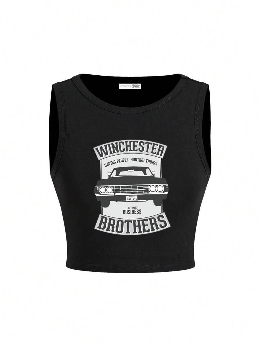 Supernatural X SHEIN Women's Letter & Car Print Slim Fit Black Tank Top Suitable For Going Out - Black - View 1