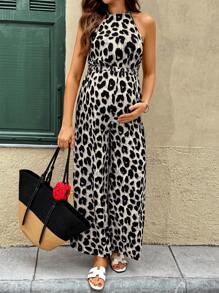 SHEIN Pregnant Women Leopard Print Halter Sleeveless Jumpsuit, Casual Summer - Black - View 3