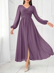 Modelyn 女士优雅纯色灯笼袖连衣裙