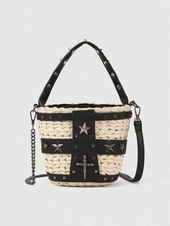 Goth Women's Fashion Color Block Star Rivet Decor Handbag