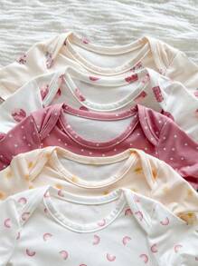 SHEIN Newborn Baby Girl Summer Cute Knitted Polka Dot Strawberry Print 4pcs Set: Bodysuit, Pants, Hat, Gloves