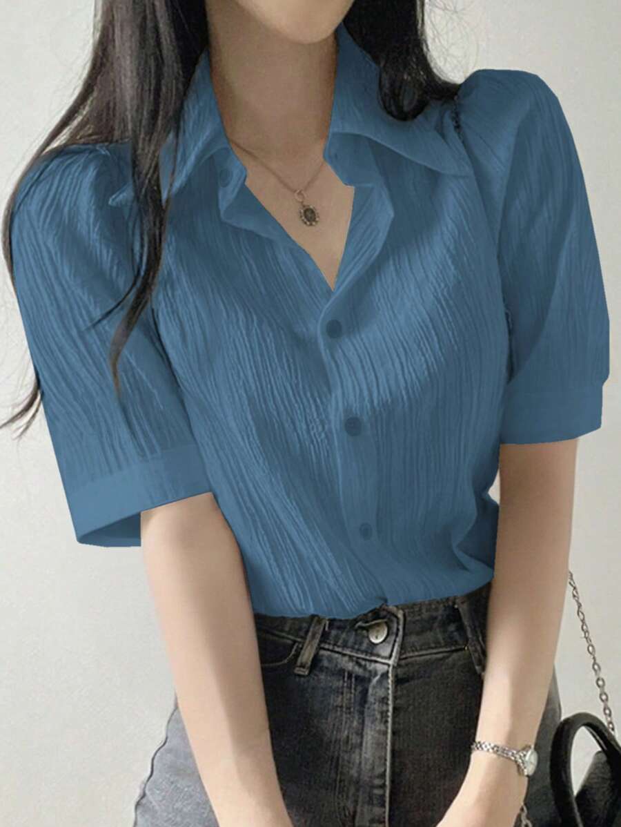 DAZY Women's Pleated Solid Color Lapel Loose Blouse, White, Spring/Summer/Autumn - Blue - View 1