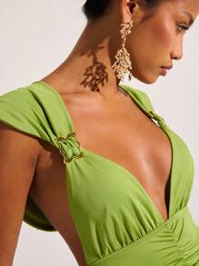 COSMINA 女士优雅褶饰连衣裙，适合春夏季派对和节日穿着 - 綠色 - 查看 6