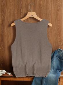 Franclia 女式纯色V领无袖休闲度假针织上衣 - 咖啡棕 - 查看 2