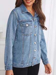 EMERY ROSE 女式休闲日常水洗纽扣前盖口袋牛仔夹克 - 淺色水洗藍 - 查看 5