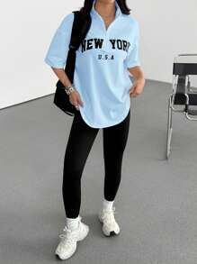 SHEIN EZwear 女士新款字母刺绣领T恤和紧身裤套装 - 藍色 - 查看 6