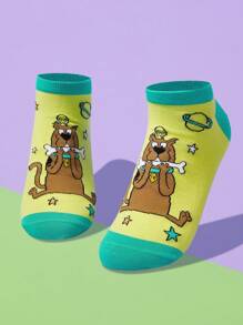 SCOOBY-DOO X SHEIN 1双女士时尚可爱拼色狗狗图案踝袜 - 綠色 - 查看 4