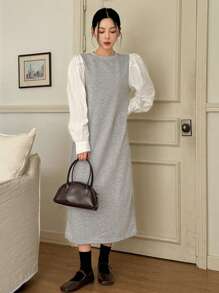 DAZY Women's Patchwork Round Neck Long Sleeve Straight Puff Sleeve Mid-Calf Dress,Fall Clothes - Grey - View 2