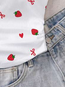 SHEIN EZwear Casual Minimalist Vacation Style Butterfly & Strawberry Print Round Neck Pleated Waist Padded Bra-Free Camisole