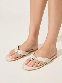 CUCCOO CHICEST Women's Solid Color Round Toe Flat Sandals, Elegant Casual Simple Comfortable Beige Faux Leather Ladies Flip Flops, Beach Shoes, Suitable For Vacation, Beach, Hawaii Island Style