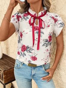 SHEIN Clasi 女式碎花荷叶边系带前衬衫，惊艳优雅独特碎花夏季女装碎花碎花衬衫，波西米亚风