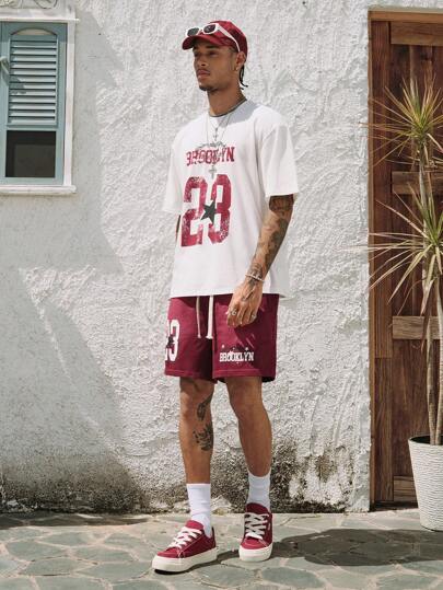 Prep Men's Jersey Letter Print Short Sleeve T-Shirt And Drawstring Waist Shorts Set