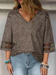 EMERY ROSE Plus Size Floral Print V-Neck Mesh Insert Elegant Office Blouse Gifts For Mother Vacay Vibes Springbreak Casual Wear SS Bohemia Loose Fit - Multicolor - View 1