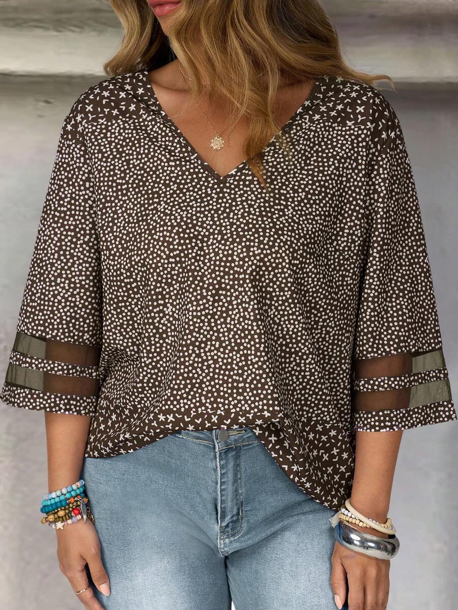 EMERY ROSE Plus Size Floral Print V-Neck Mesh Insert Elegant Office Blouse Gifts For Mother Vacay Vibes Springbreak Casual Wear SS Bohemia Loose Fit - Multicolor - View 1