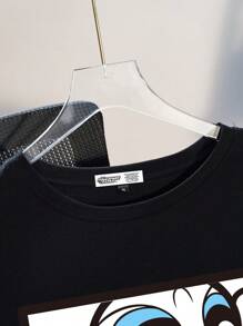 THE POWERPUFF GIRLS X SHEIN Plus Size Blossom, Bubbles, Buttercup Print Black Round Neck Short Sleeve T-Shirt Suitable For Going Out - Black - View 3