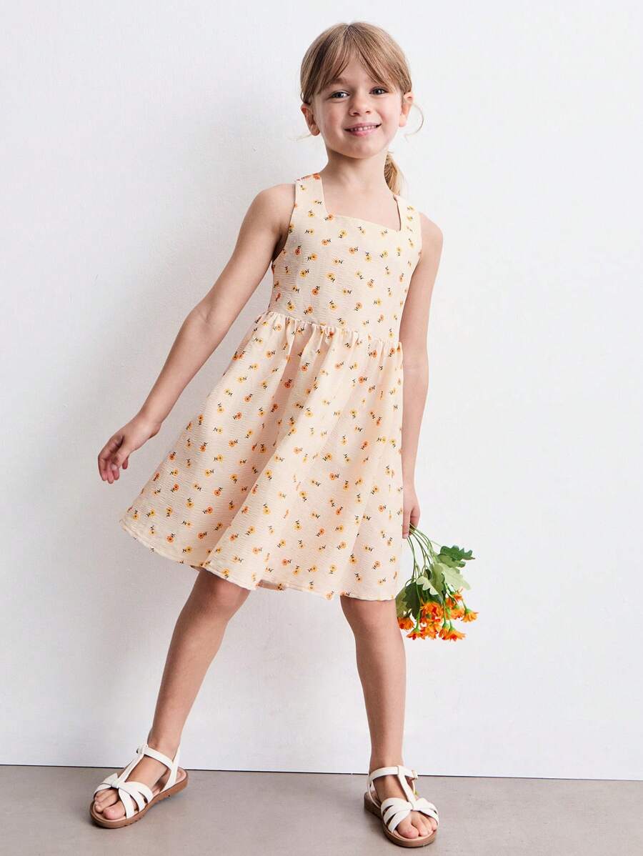 SHEIN Váy chéo lưng họa tiết hoa cổ điển cho bé gái - Nhiều màu - Xem 1
