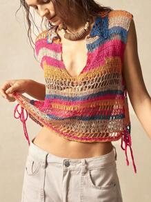 Bohemela 女士条纹镂空设计无袖针织上衣 - 彩色 - 查看 4