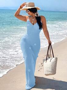 SHEIN VCAY Plus Size Open Back Fitted Dress With 3D Floral Decoration - Baby Blue - View 6