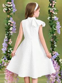 SHEIN Váy suông vừa vặn cổ đứng dệt jacquard cho bé gái tuổi mới lớn - trắng - Xem 2