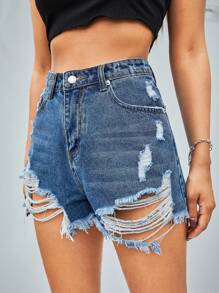 SHEIN ICON Ripped Raw Hem Denim Shorts