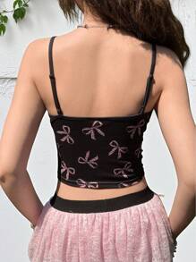 SHEIN Teen Girls' Casual Simple Comfortable Camisole With Bow Pattern - Black - View 2